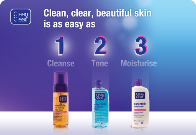 Clean & Clear - Clean, clear, beautiful skin is as easy as 1 (Cleanse), 2 (Tone), 3 (Moisterise)