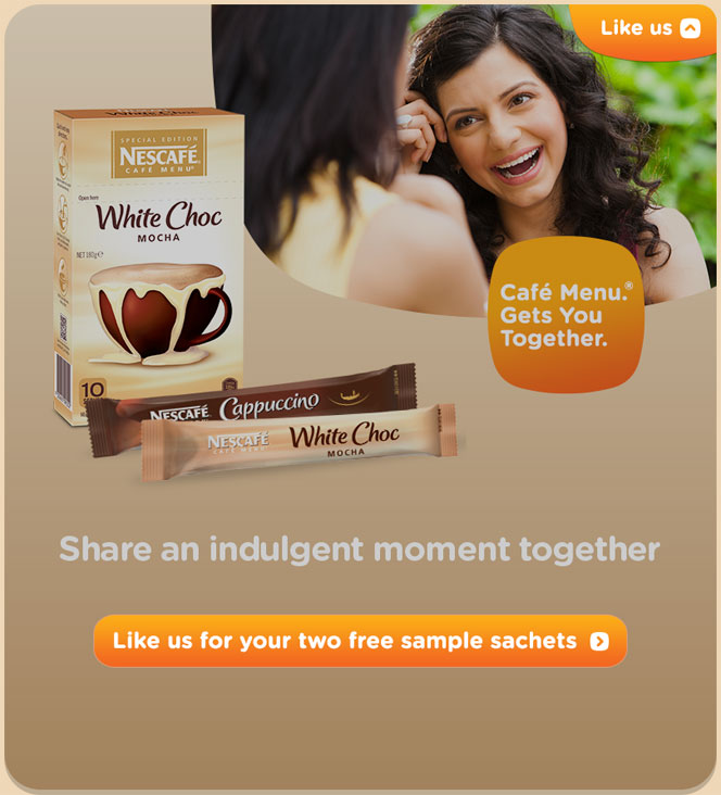 NESCAFÉ Café Menu® White Choc Mocha and Cappuccino. Share an indulgent moment together. Like us for your two free sample sachets.